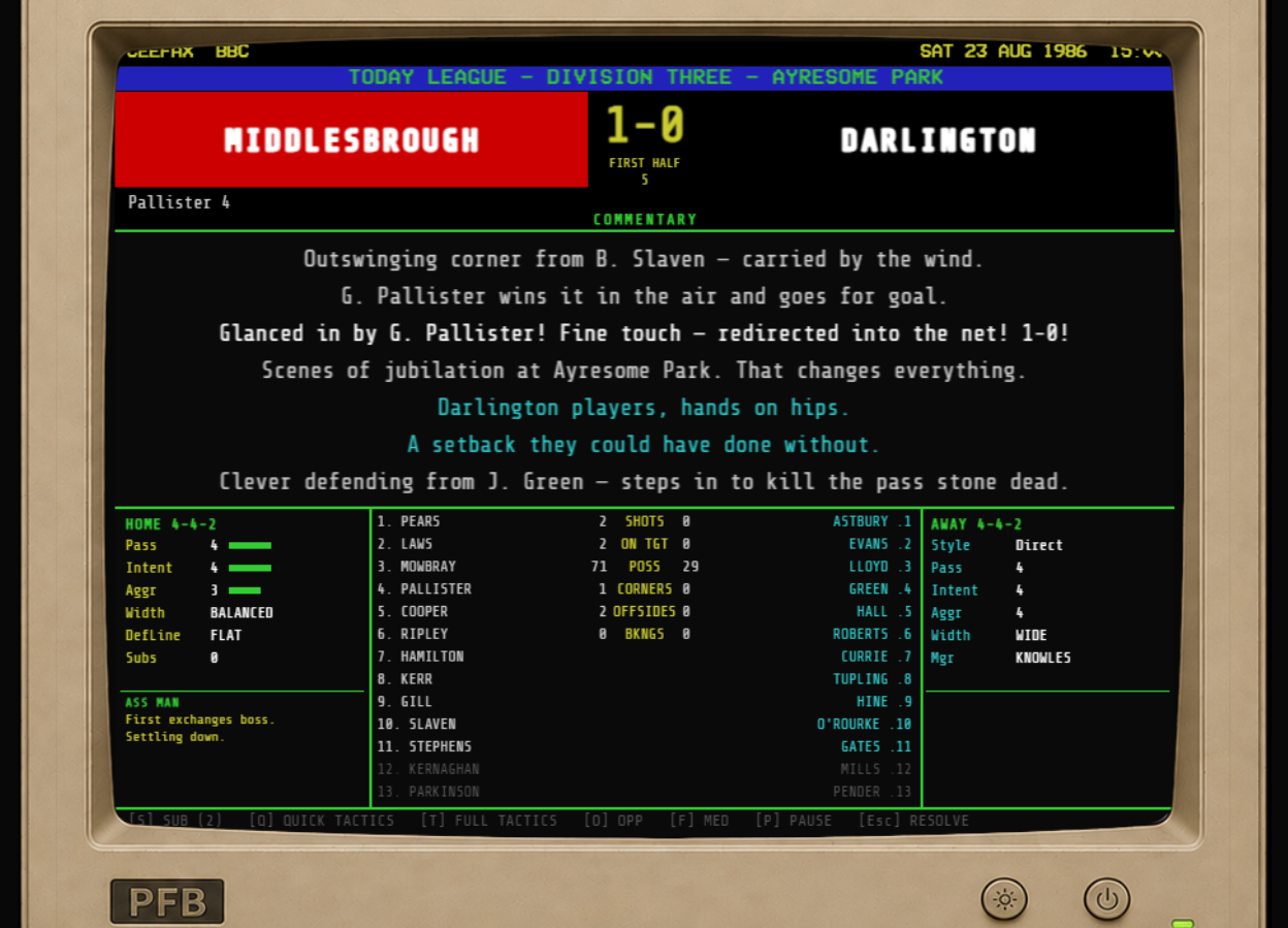 Proper Football Boss — match commentary